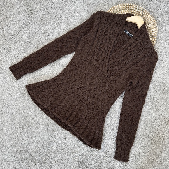 Peruvian Connection Women’s Baby Alpaca Wool V-Neck Sweater Cable Knit Brown M - Picture 1 of 16